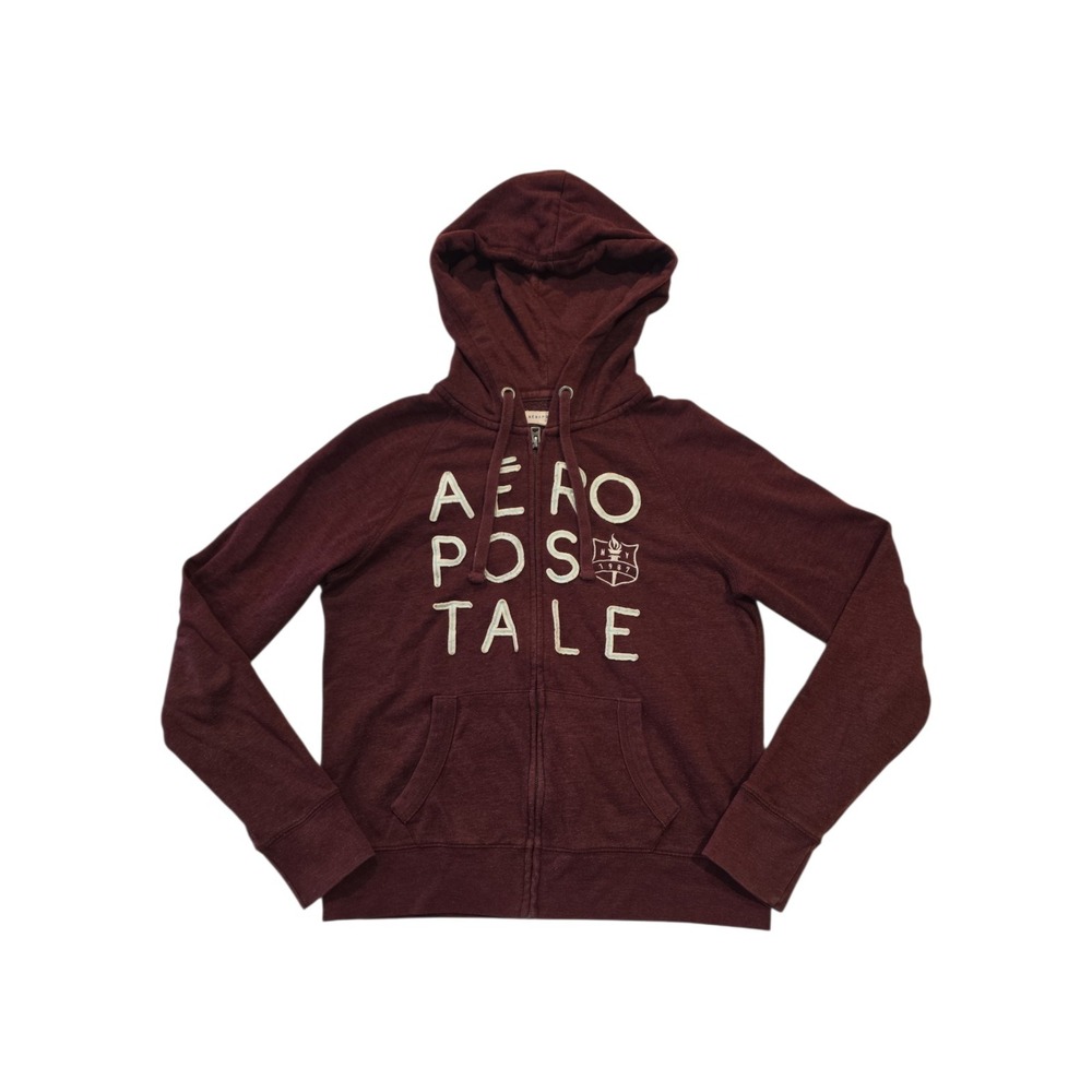 Aeropostale Women's Medium Full Zip Hoodie Burgundy Fleece Lined Logo
